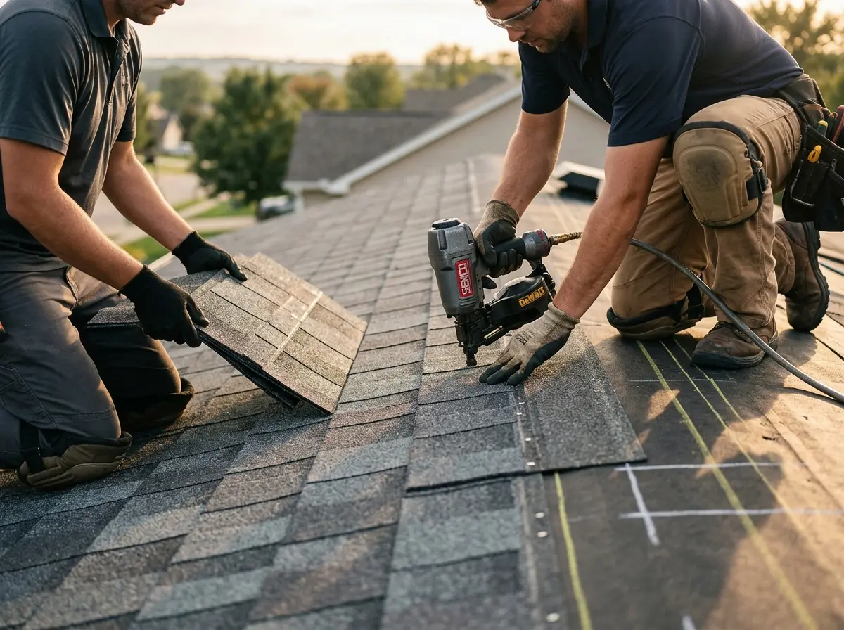 Professional roofer working on a residential roof in Moundsville